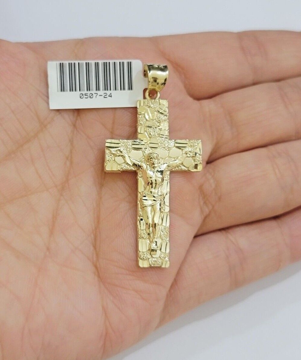 10kt Gold Milano Rope Chain Nugget Cross Charm Pendant Set 18 - 24'' Inch Necklace - GoldenlinQ